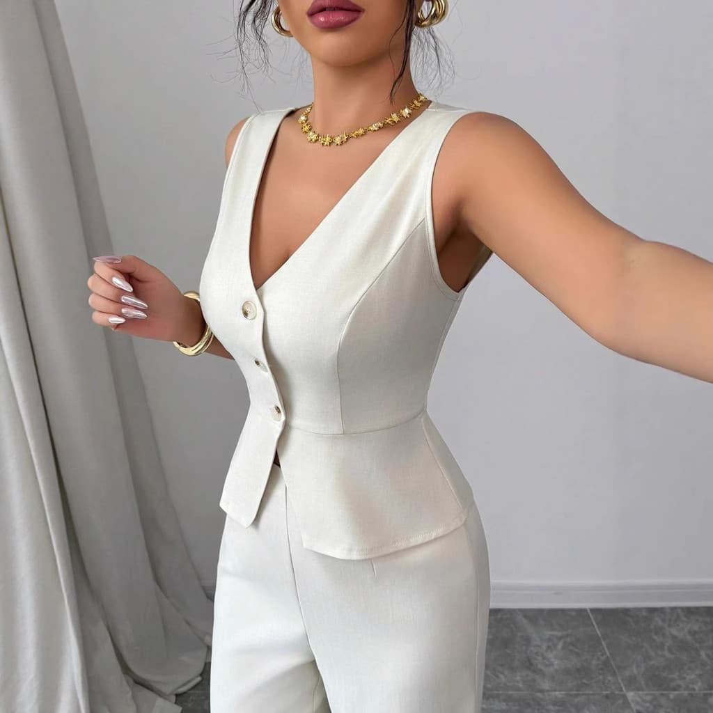 2025 verão novo estilo europeu americano Cross-Border roupas femininas cor sólida sem mangas colete fino calças de cintu