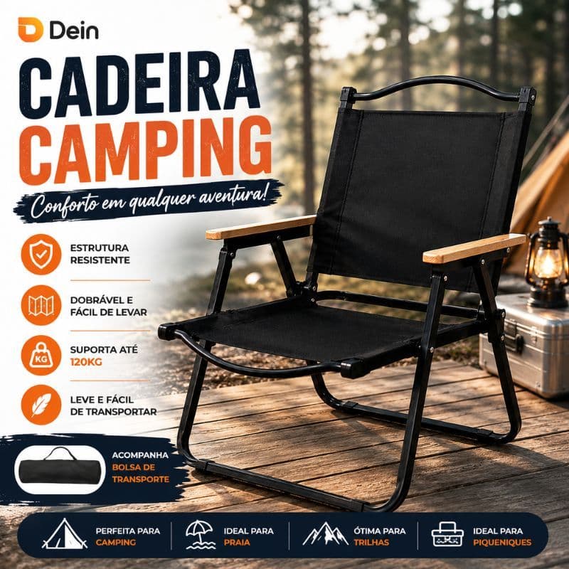Cadeira Dobrável Camping Reforçada até 100kg Portátil Braço Madeira Pesca Praia Jardim Piquenique