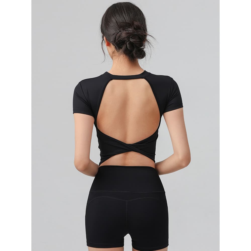 Halter esportes topo feminino almofada de peito fixa bela volta Pilates Yoga roupas de manga curta correndo de secagem r