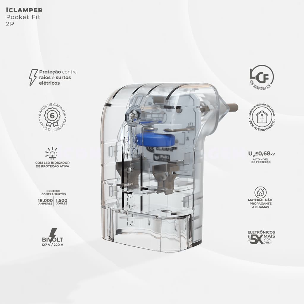 iCLAMPER Pocket Fit LCF 2 pinos 20 amperes Transparente Protetor Elétrico DPS Bivolt