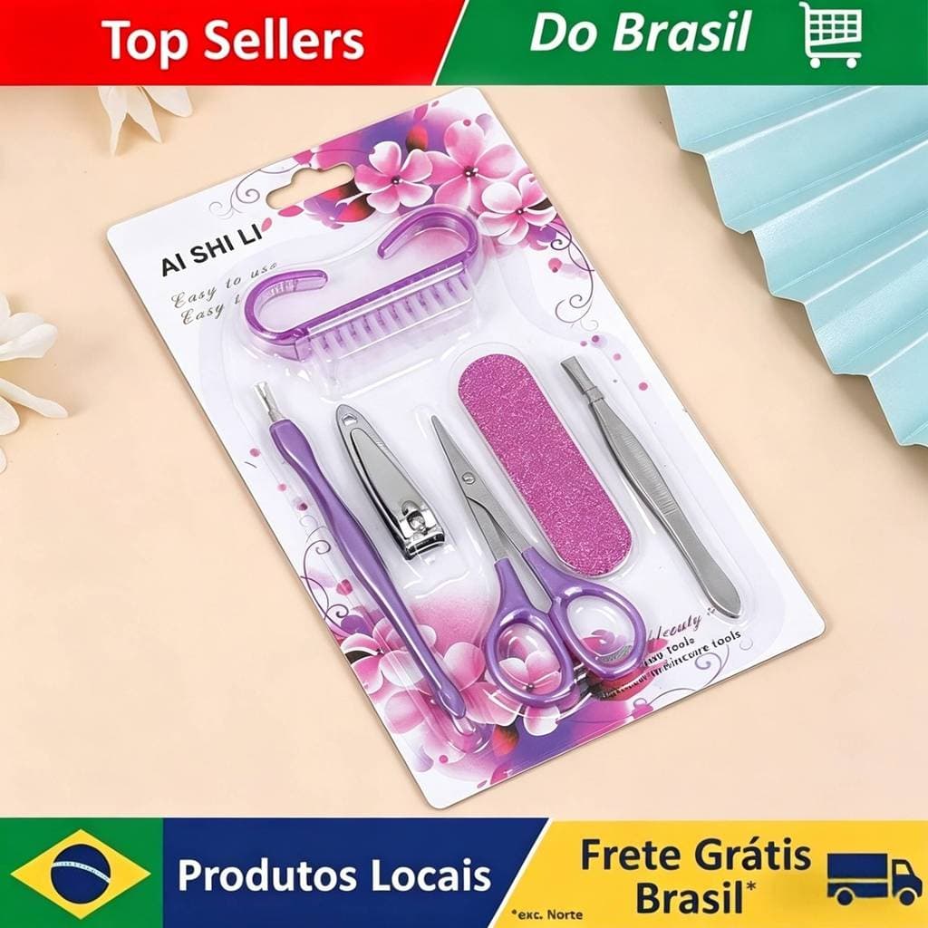 Kit Manicure 6 Peças para Unhas com Lixa Polidora e Empurrador de Cutículas