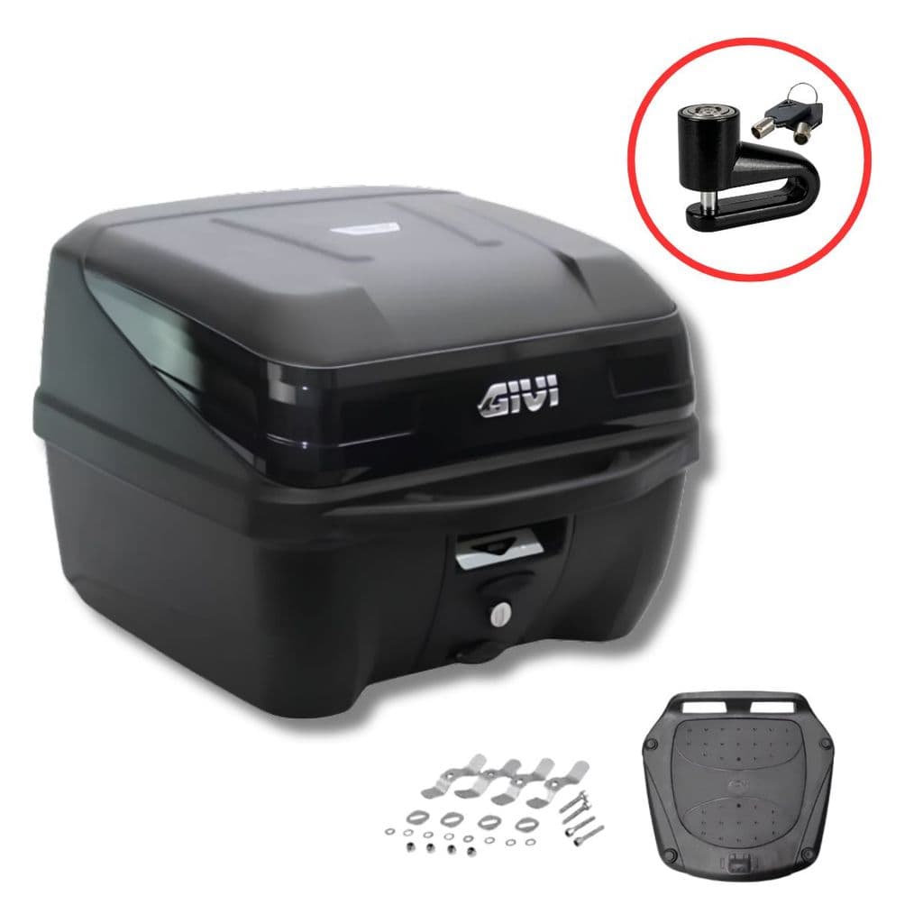 Baú para Moto Givi Monolock Traffic 3 T33NTBR 33L Traseiro com Base Universal + Brinde Trava Cadeado de Disco 5,5mm Spec