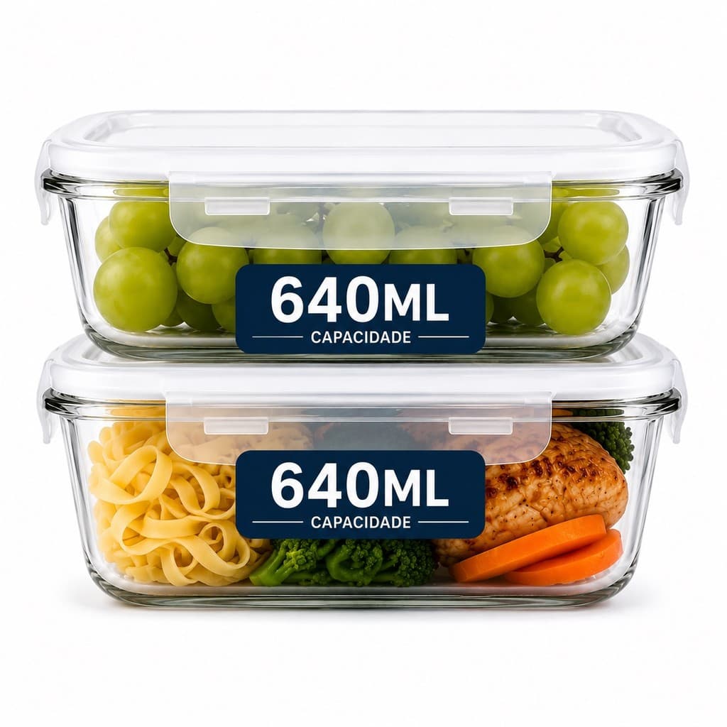 Conjunto de 02 Potes de Vidro 640ml Tampa Hermética com Trava Fitnes Marmita Organizador pode ir no Freezer microondas L
