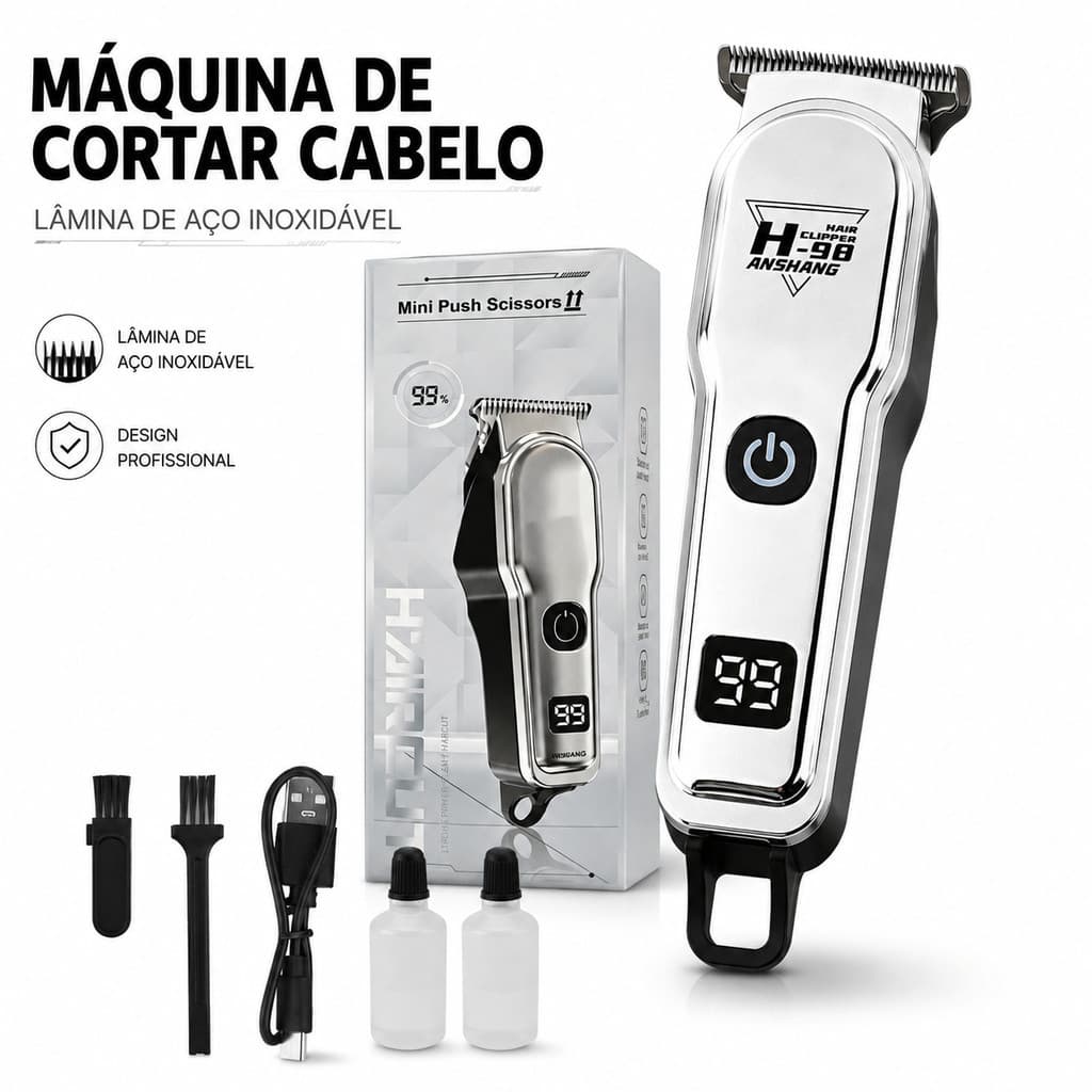 Máquina de Cortar Cabelo Profissional Inox Recarregável Sem Fio Aparador de Barba com Display Digital