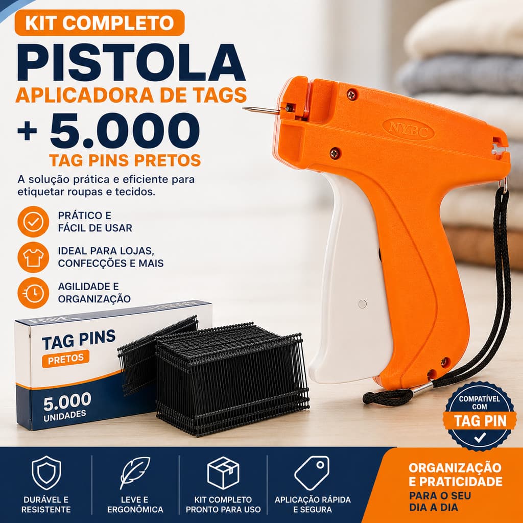 Kit Pistola Aplicadora de Tags + 5.000 Tag Pins Preto