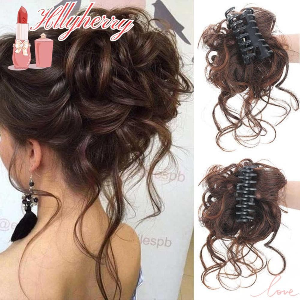 HLLYHERRY Pedaço De Cabelo Bagunçado , Clipe De Coque Na Garra De Extensão , Postiços Falsos Naturais Sintéticos