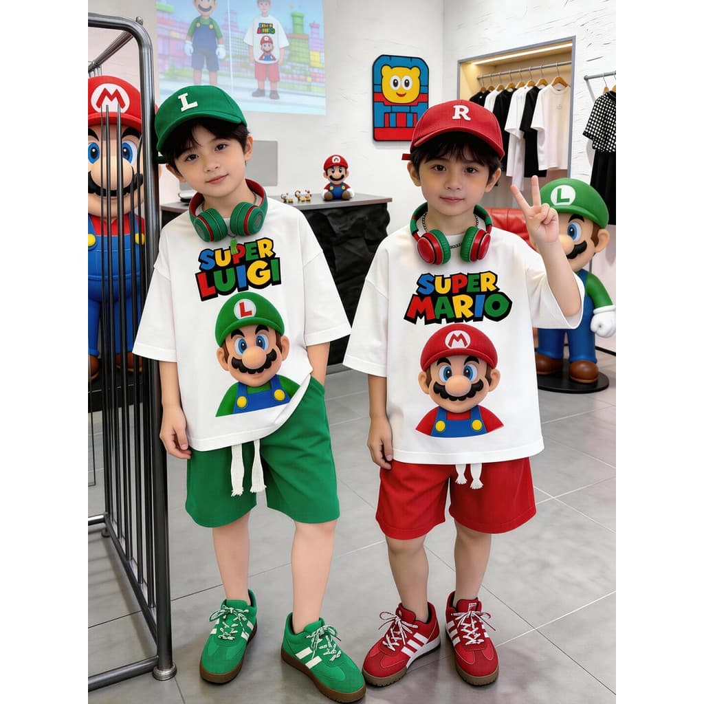 Verão novo estilo meninos terno de manga curta dos desenhos animados Mario irmãos padrão Puffer bonito moda infantil pur