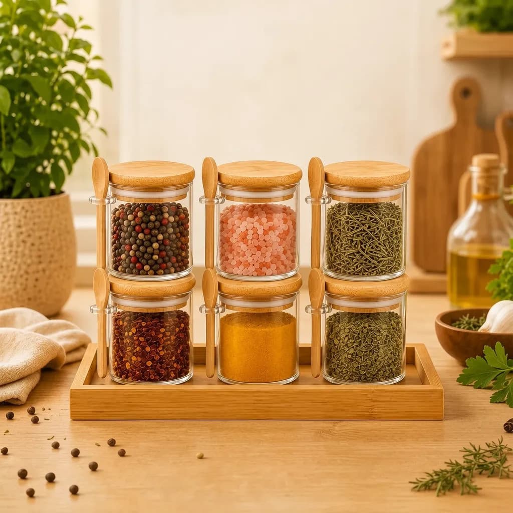 Kit 6/12/18Porta Temperos 200ml com Colher Potes de Vidro Herméticos Tampa Bambu Saleiro Organizador para Cozinha