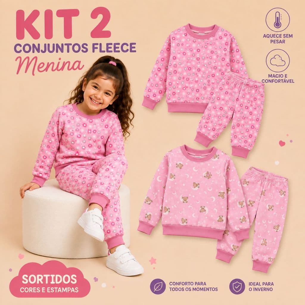 Kit 2 Conjuntos Fleece Infantil Menina Blusa e Calça 100% Poliéster Quentinho Para Inverno