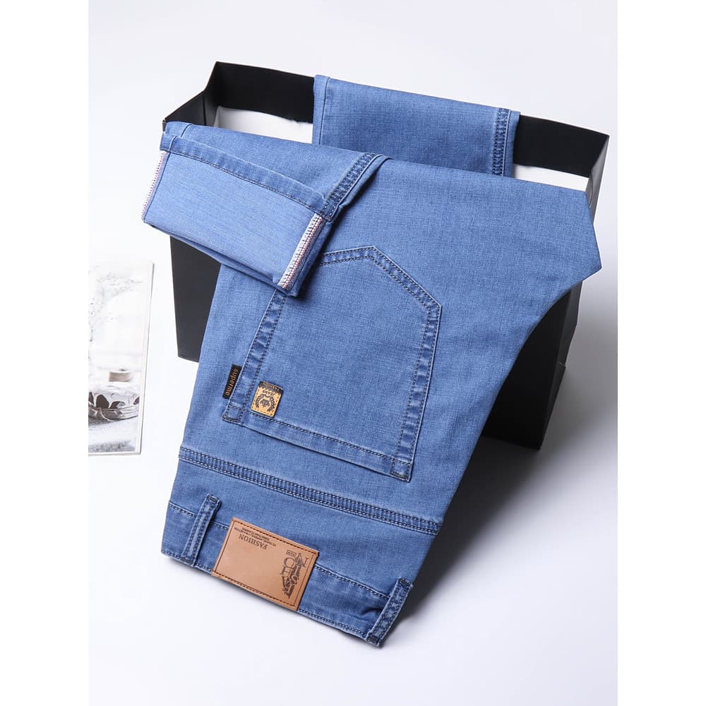 Guangzhou Shintang Ice Silk Jeans Verão Fino Solto Reto Calças Casuais Homens Ultra-Fino Slim-fit Stre