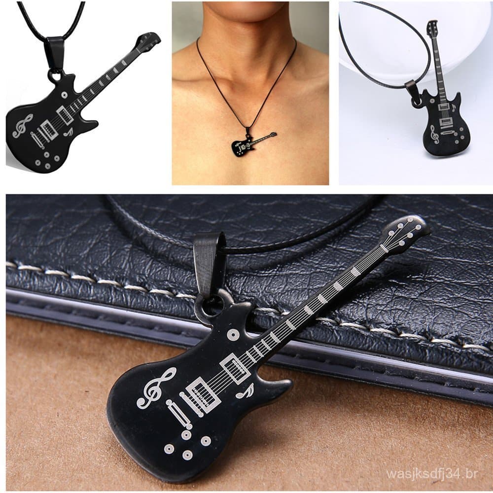 Colar com Pingente de Guitarra em Aço Inoxidável Personalizado para Homens, Joia de Música Rock Fashion