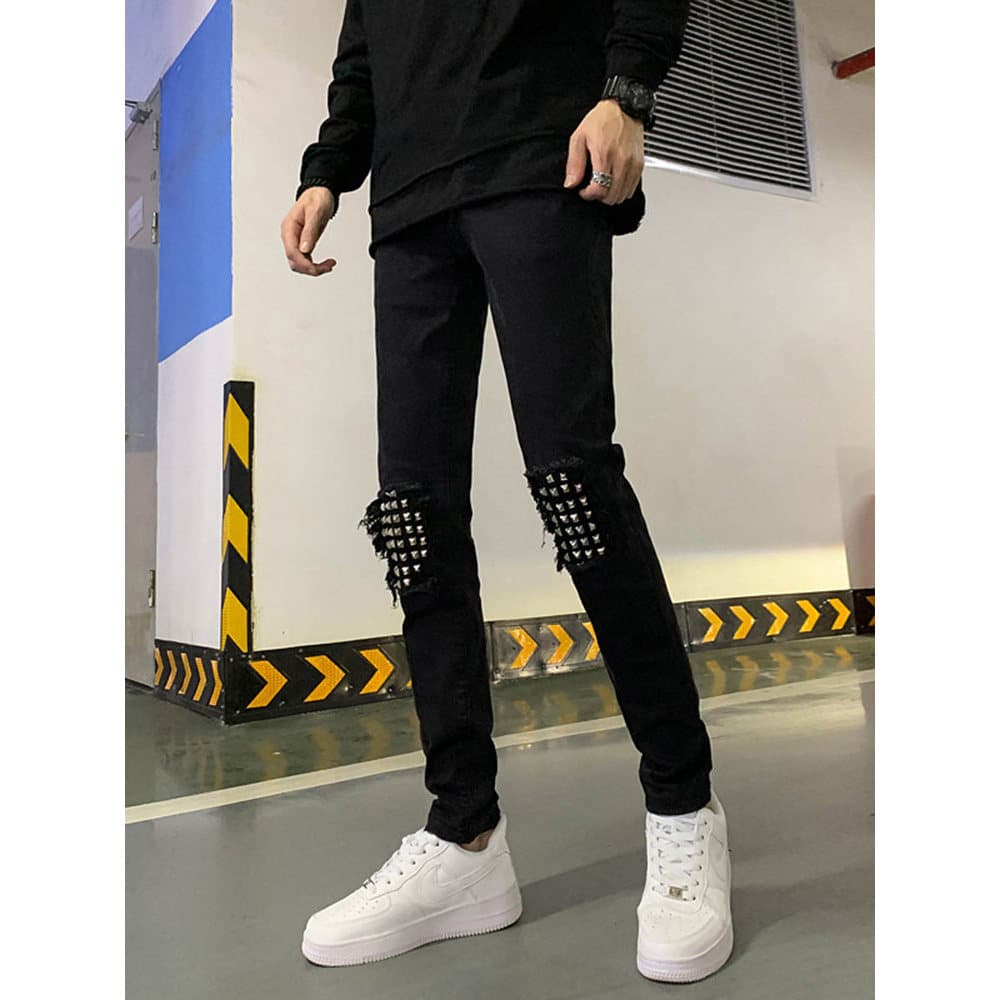 Calças de brim masculinas preto estiramento rasgado remendo broca quente calças masculinas preto americano na moda calça