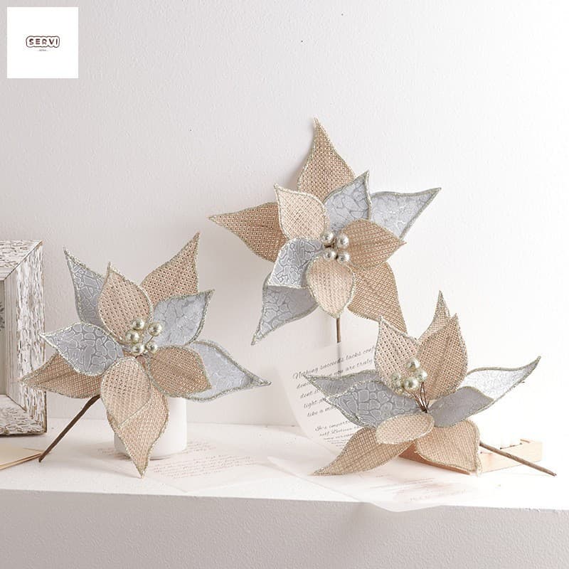 Flor Artificial De Árvore De Natal-Linho Champanhe De 26 Cm Feito À Mão Para Decoração De Casamento