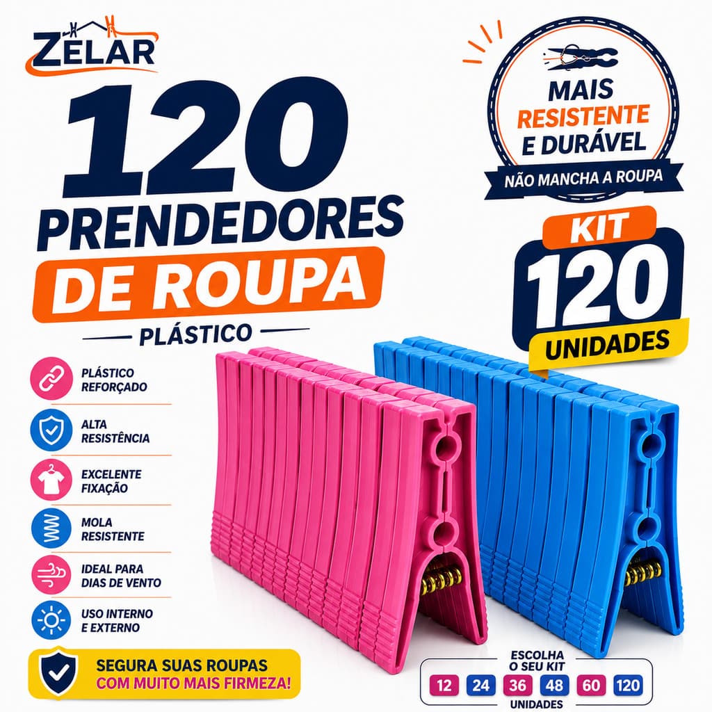Prendedor de Roupa Plástico Reforçado Grande Kit 12 a 120 Unidades Alta Resistência Varal