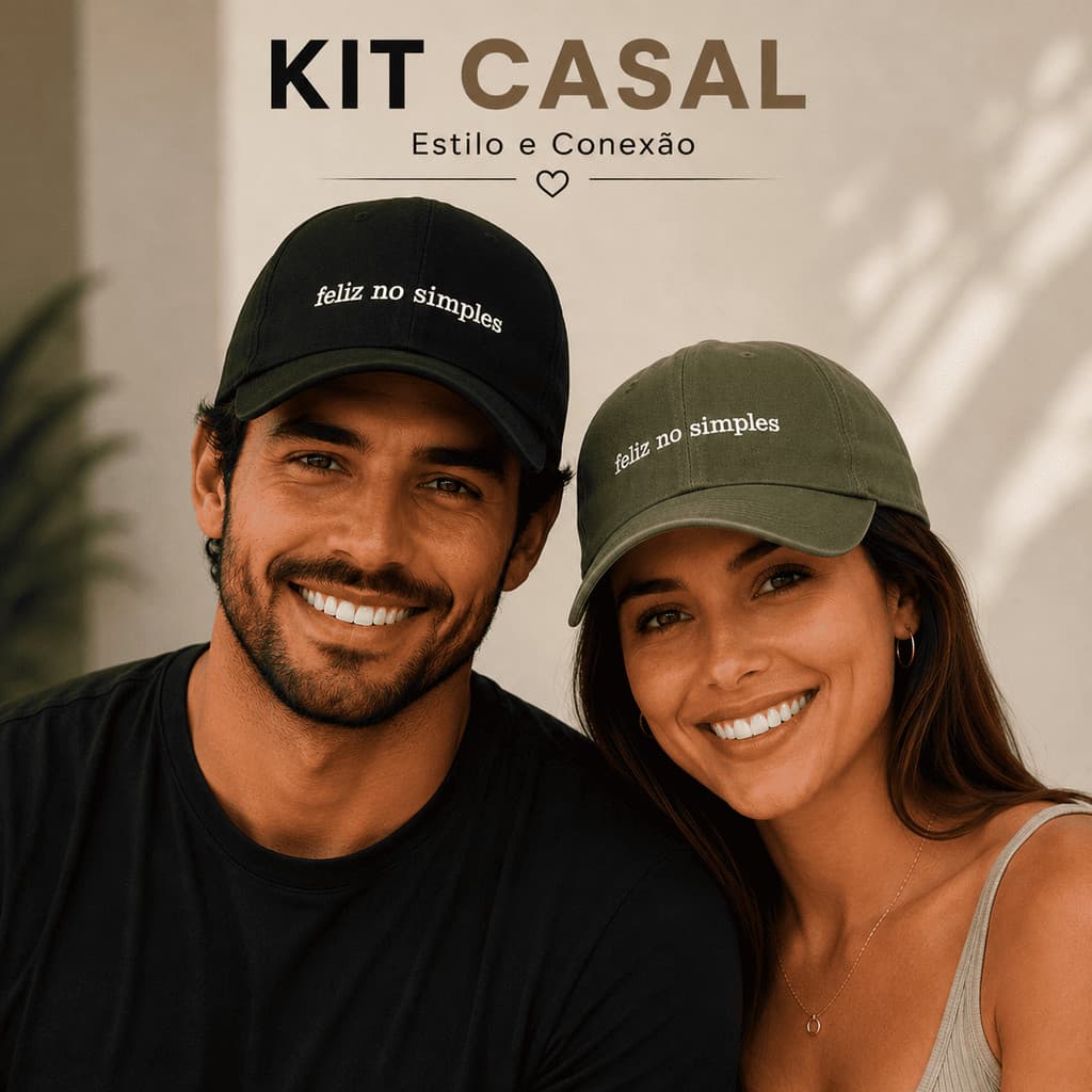 Kit Casal 2 Bonés Feliz no Simples Bordado Aba Curva Ajustável Masculino Feminino Unissex