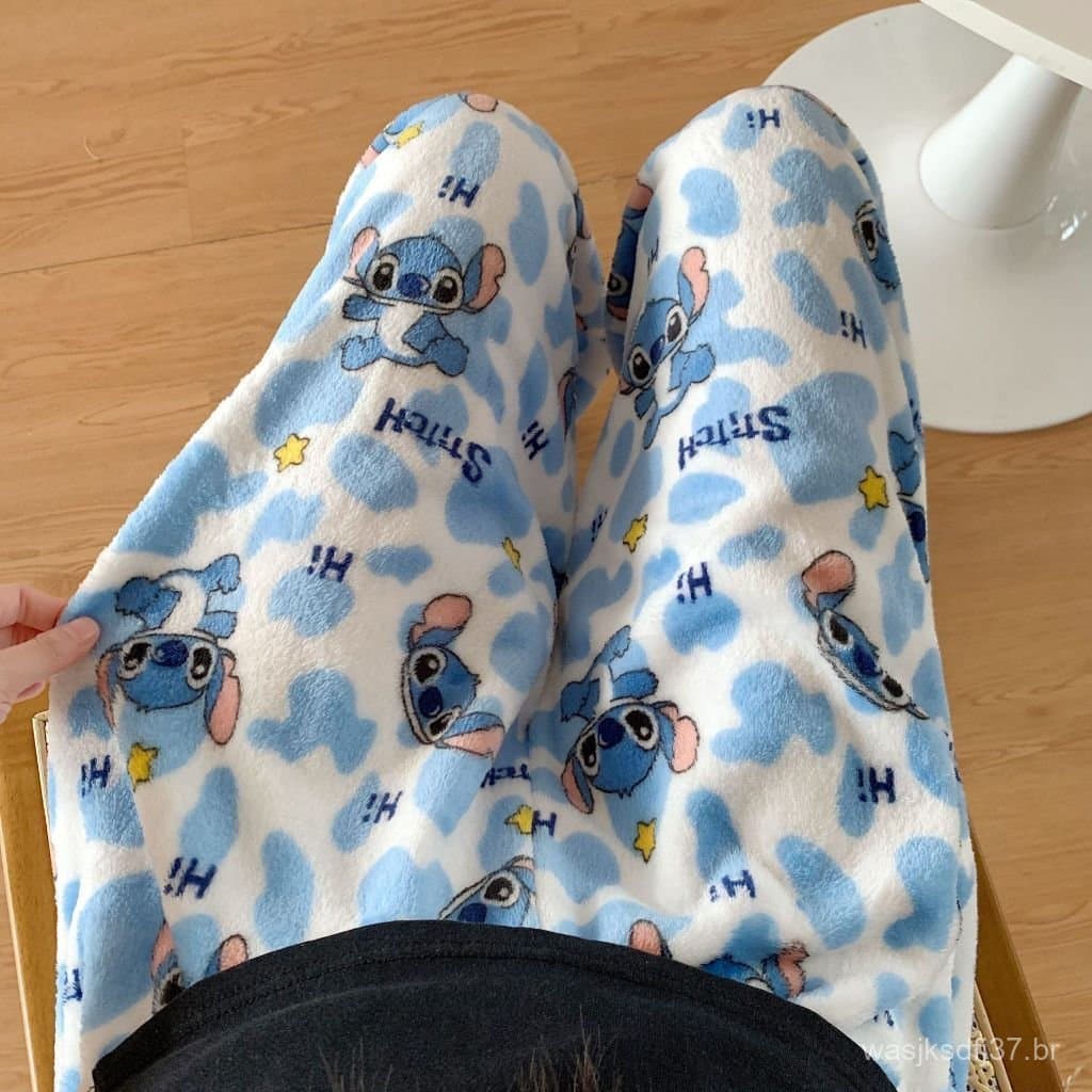 Calça pijama feminino veludo coral estampa Stitch e  macia quente, solta confortável para casa outono inverno