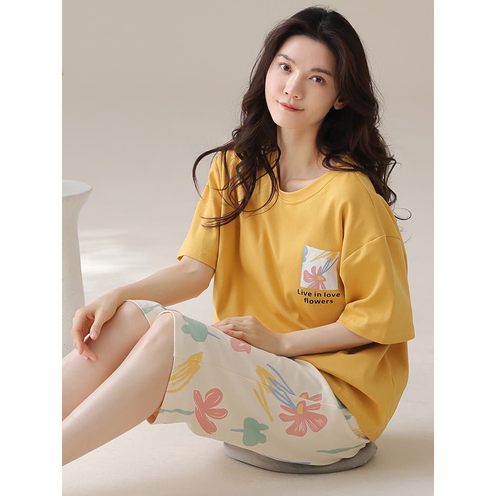 2025 novo estilo pijamas femininos verão puro algodão manga curta calças cortadas estilo verão feminino passeio Homewear