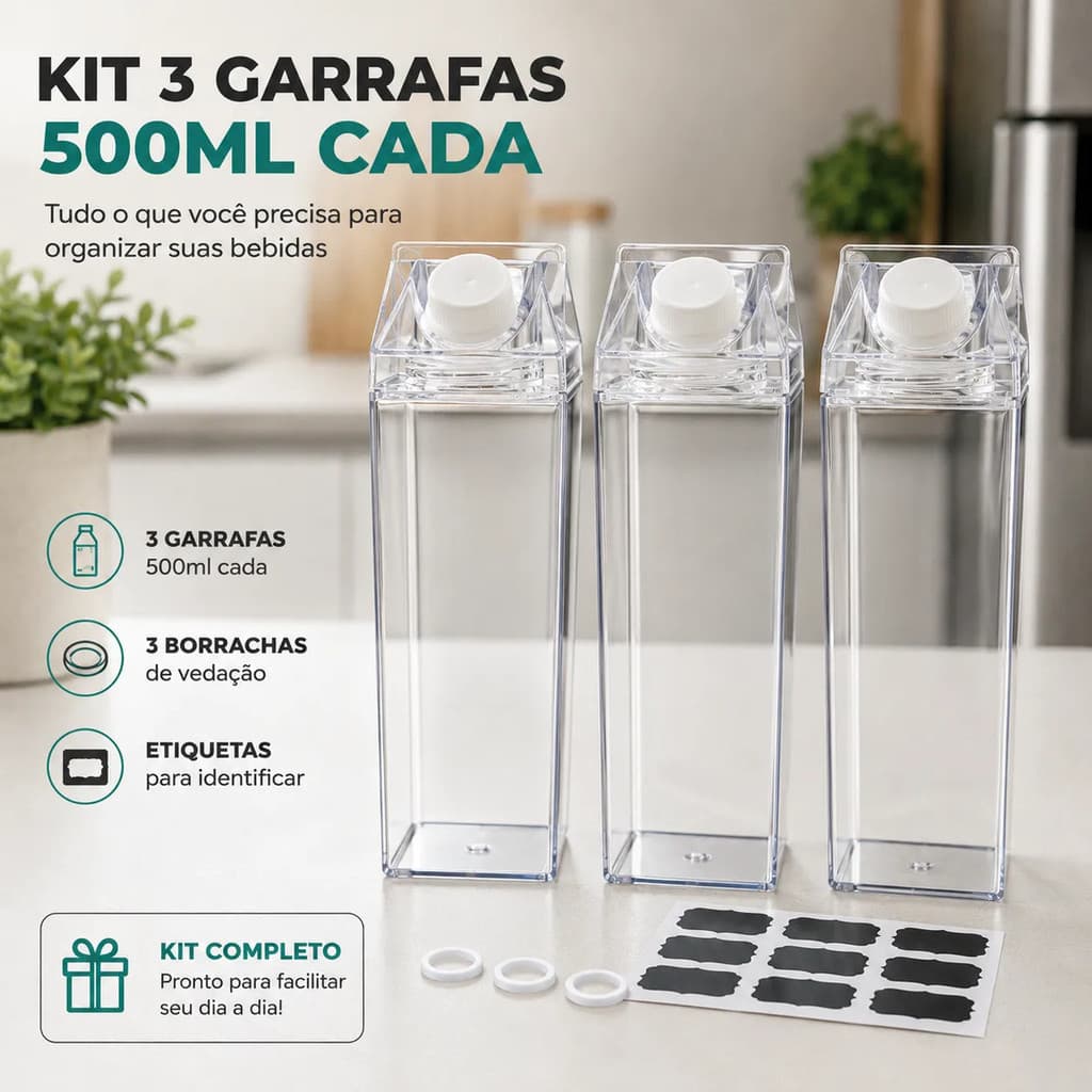 Kit 3 Garrafas Caixa de Leite Acrílico 500ml Transparente Tampa Rosqueável Livre BPA Organizador Geladeira Bebidas