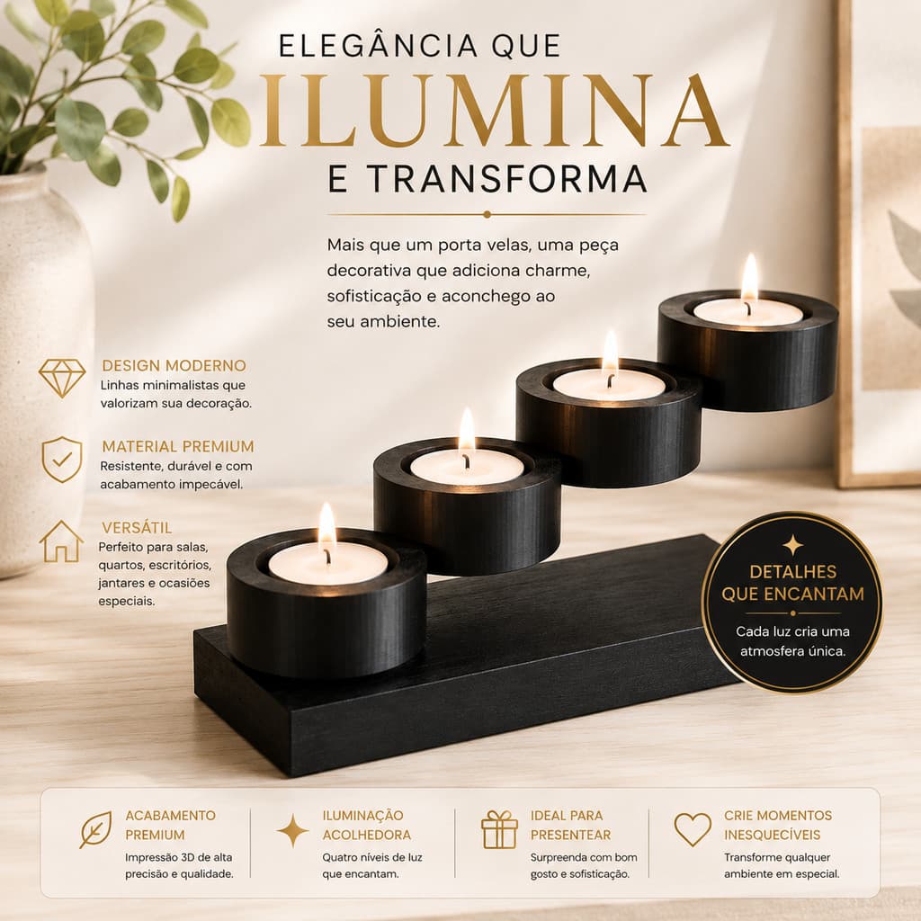 Porta Velas Rechaud Abstrato 4 Velas – Decoração Moderna 3D Abstrato Premium