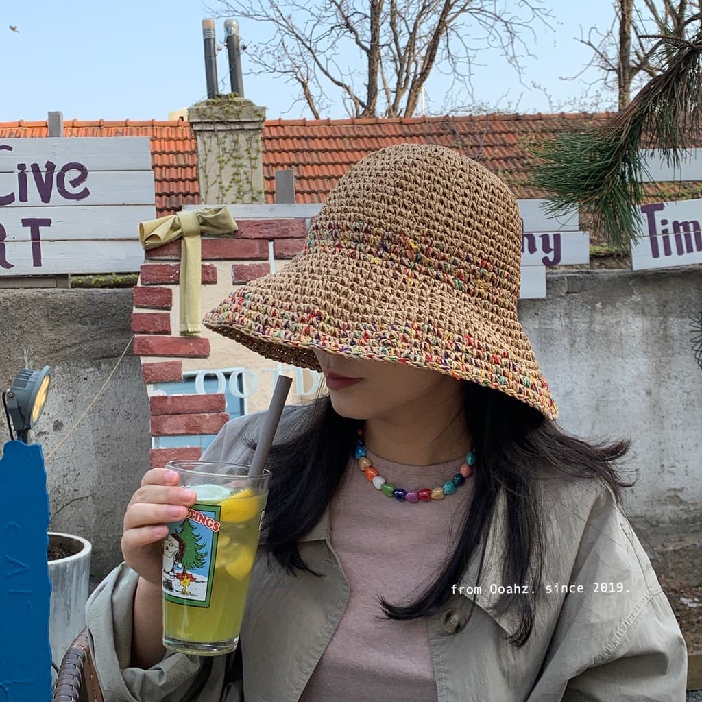 Ir para a praia chapéu de palha descartável ~ férias de verão guarda-sol protetor solar chapéu de praia oco aba grande c