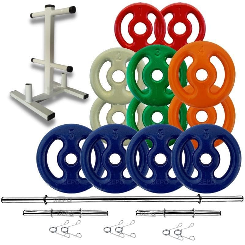 Kit Anilhas Emborrachadas 40 Kg + Barras 2x 40cm + 1x 1.50m + Suporte 120kg