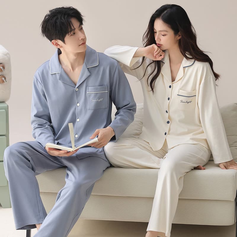 Outono inverno casal puro algodão pijamas cardigan lapela calças de manga comprida versão coreana High-End cardigan La