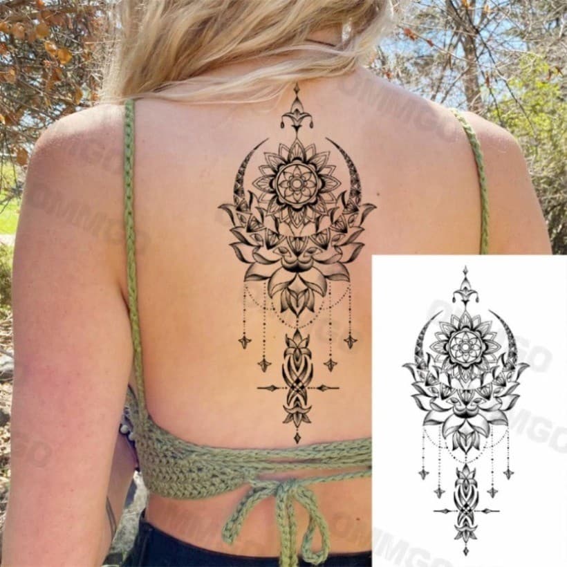 3D Preto Mandala Lua Pingente Tatuagens Temporárias Para Mulheres Adulto Menina Lótus Rosa Flor Tatuagem Falsa Volta Bra