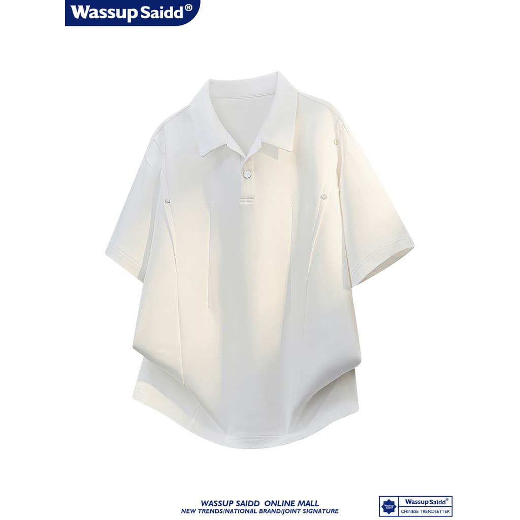 WASSUP SAIDD Camiseta solta de cor sólida com lapela de manga curta, roupa de rua de verão, Top Casual masculino