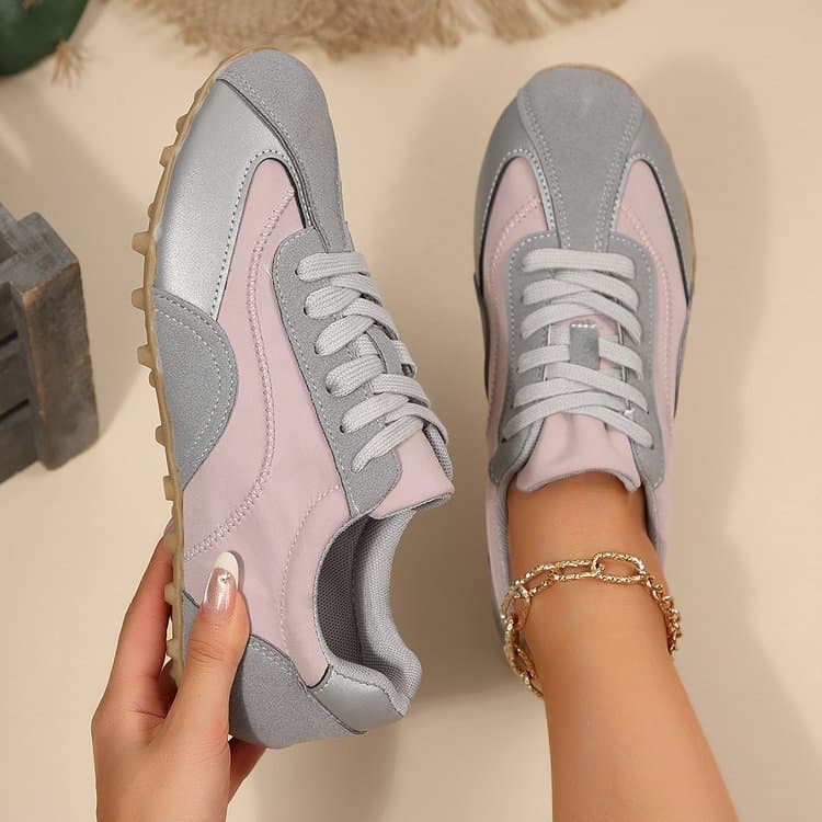 Tênis retrô feminino rosa prateado combinando com cores, sapatos de treinamento com sola de borracha macia dobrável, sap