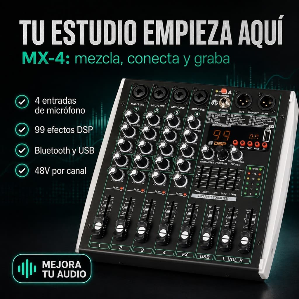 Mesa de Som MX4 4 Canais - 99 DSP, Interface USB, Bluetooth, 48V, Bivolt