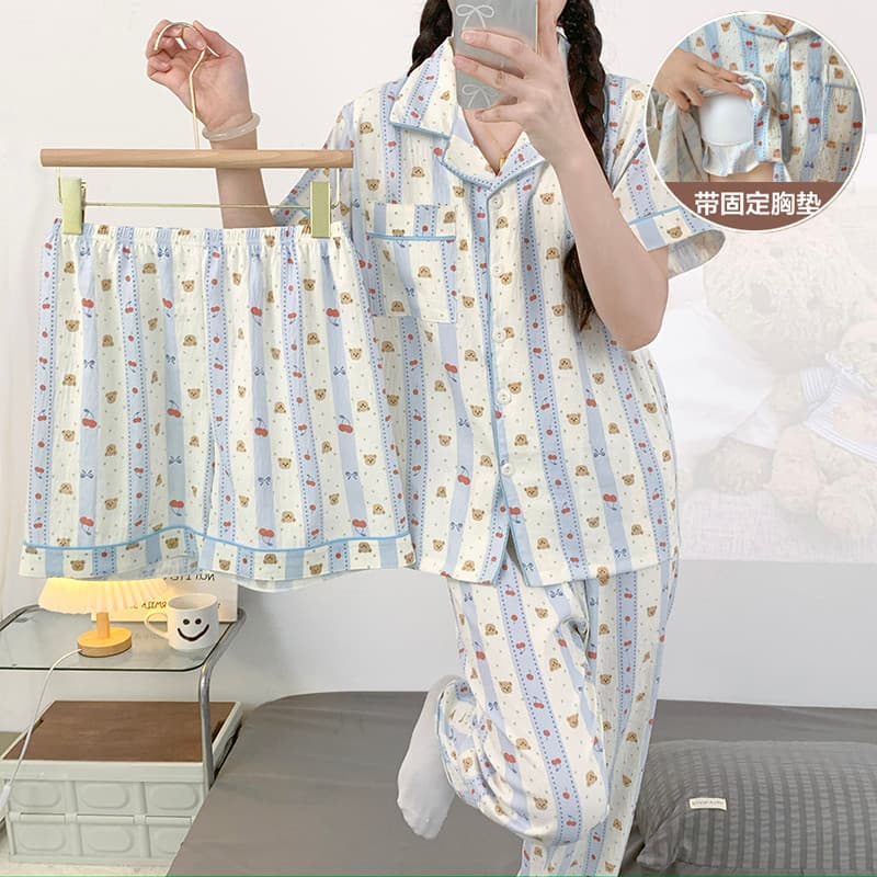 Nuvem algodão conjunto de três peças Plus size pijamas femininos com almofada no peito dos desenhos animados urso gordur