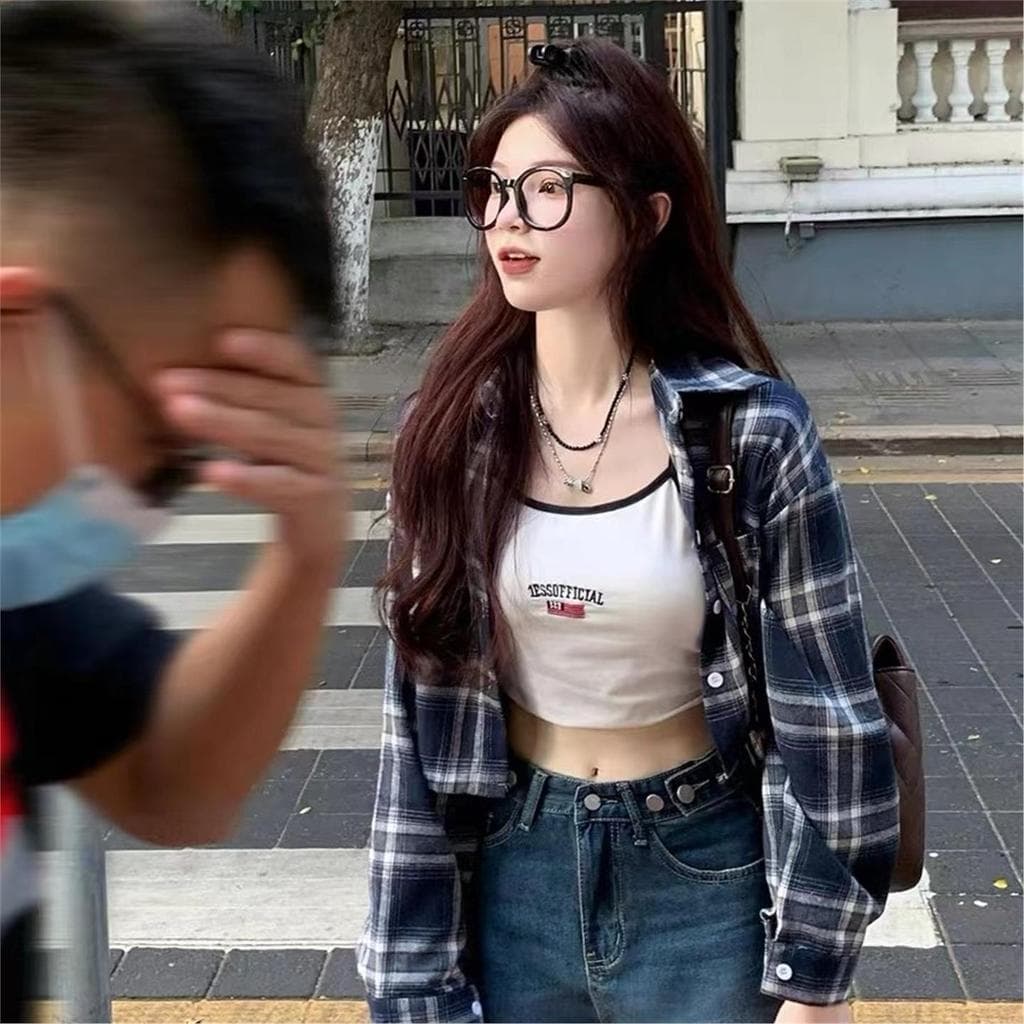 Desconto de marca Roupas femininas contador comércio exterior primavera outono novo Retro Casual xadrez camisa de manga