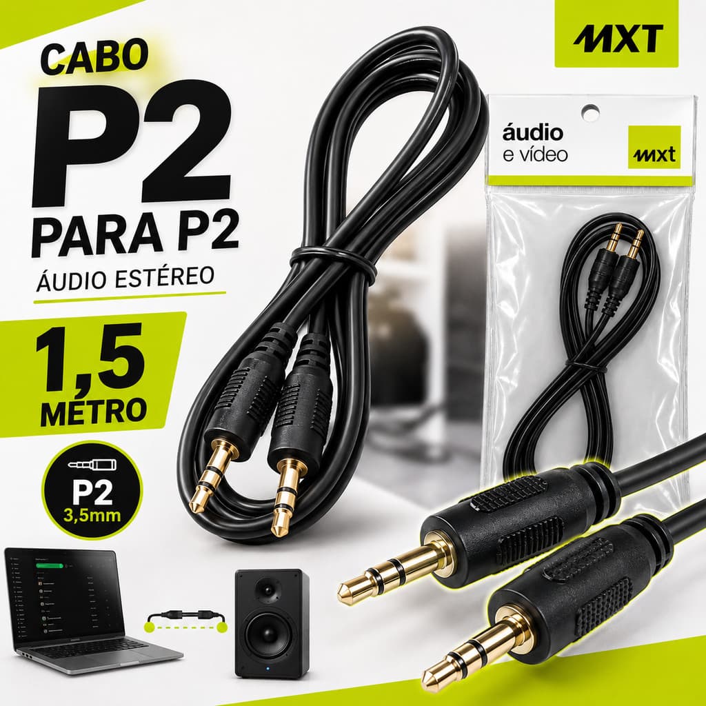 Cabo Auxiliar P2 1,5m Estéreo Macho Áudio Celular Computador Notebook Caixa de Som Automotivo Fone MP3 Uso Diário Carros