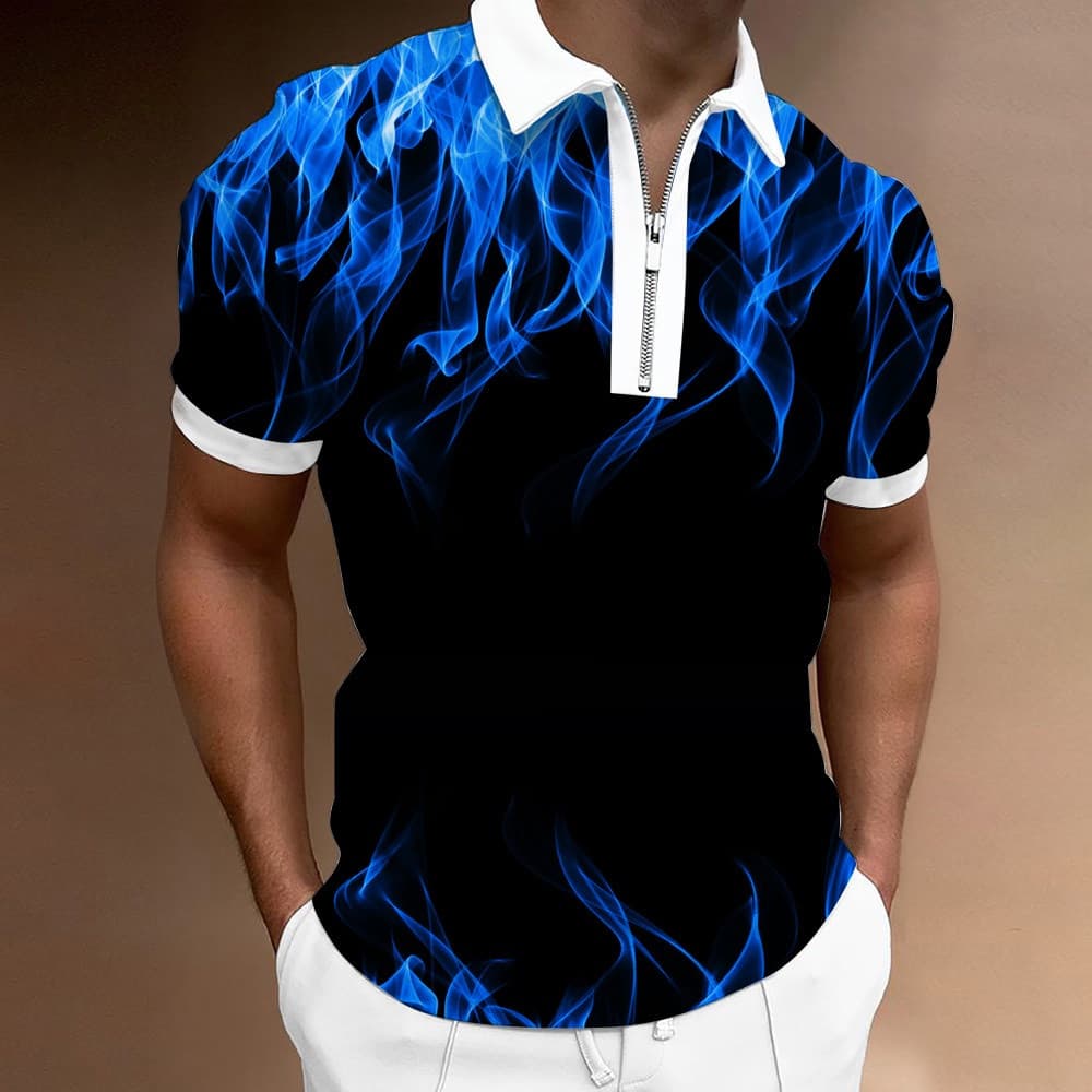 Nova moda camisa 3D chama impressão de manga curta camisa masculina Casual gola com zíper magro-ajuste camisa Polo de ve