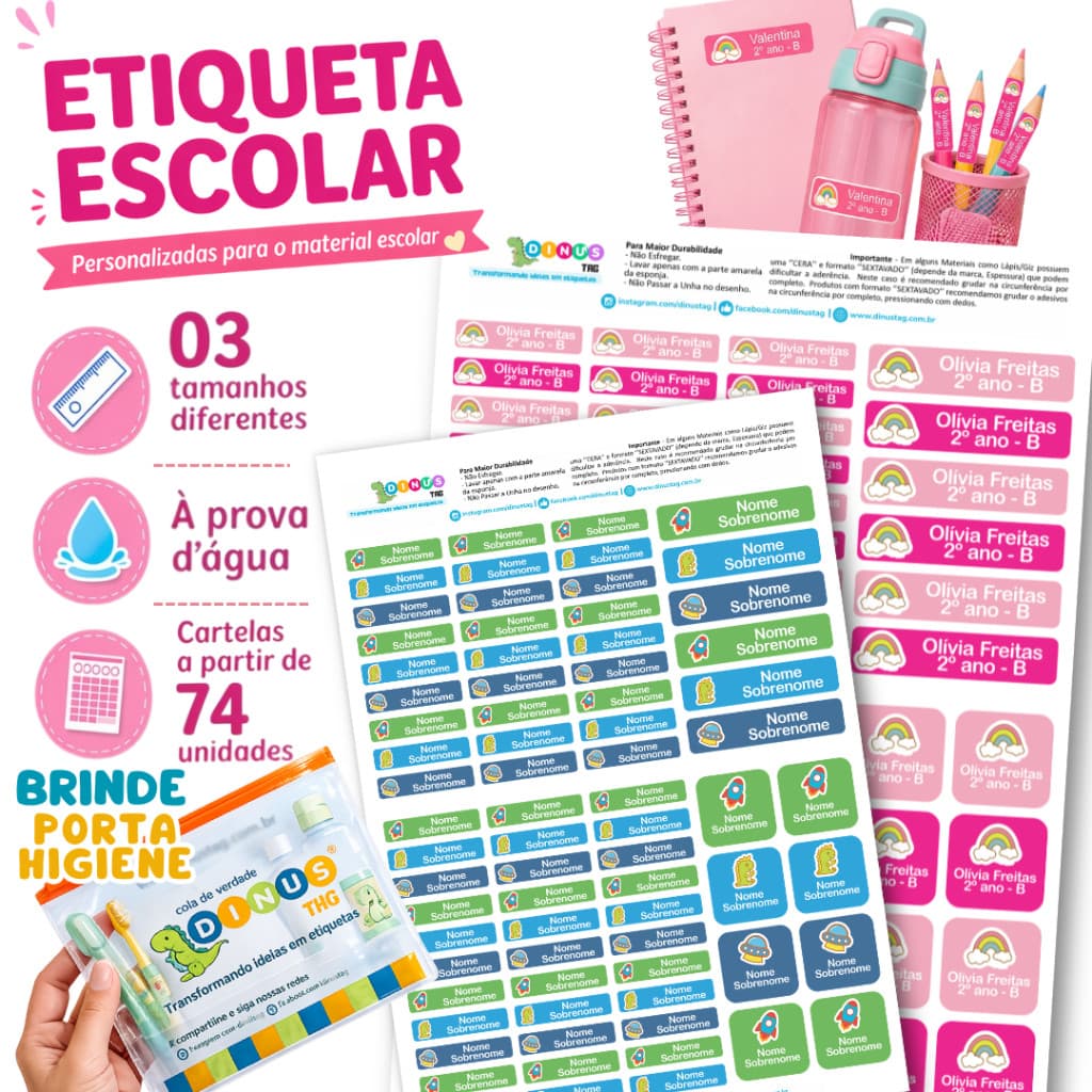Etiqueta Escolar Adesiva - A Partir 74 Pçs, 03 Tamanhos Diferentes - Prova D'água, Etiqueta Escolar