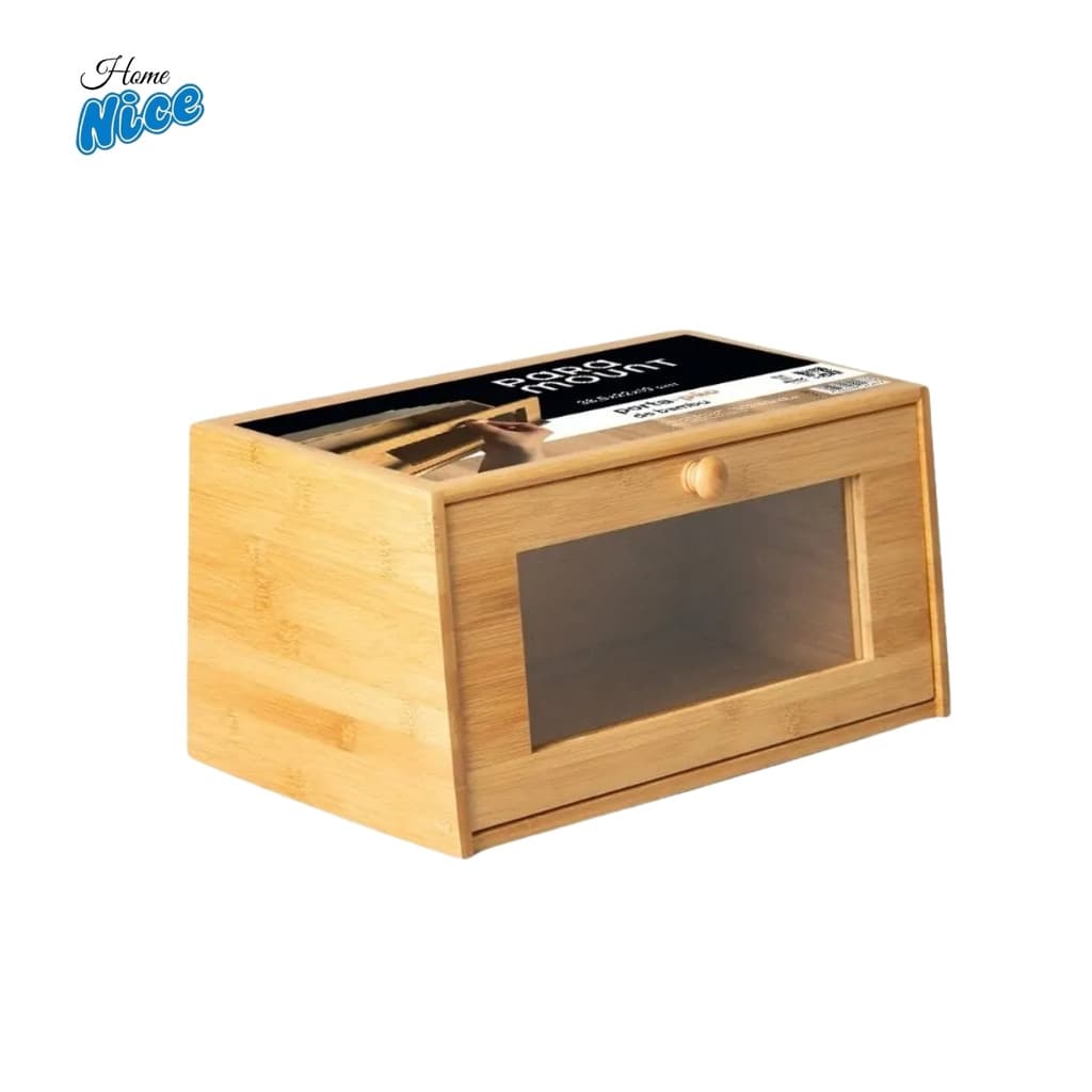 Porta Pão Bambu Tampa Polido Visor Acrílico 38cm Antifúngico