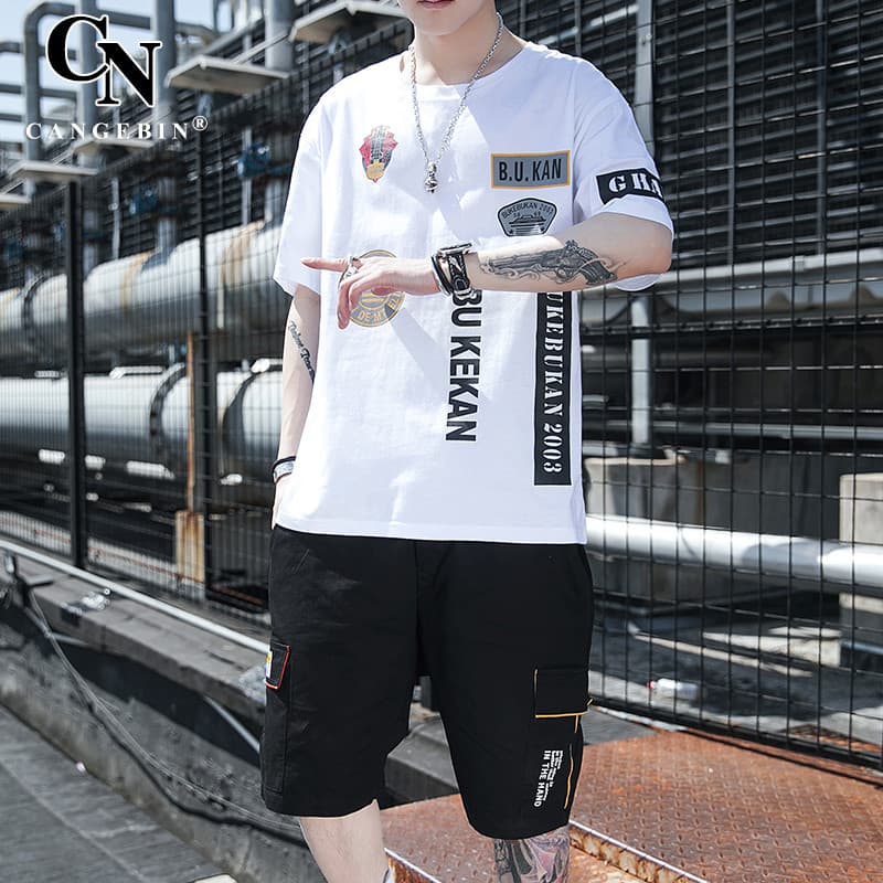 Camiseta de manga curta masculina terno de verão seda gelo Street Wear algodão puro na moda rufião bonito pesado 2025 no