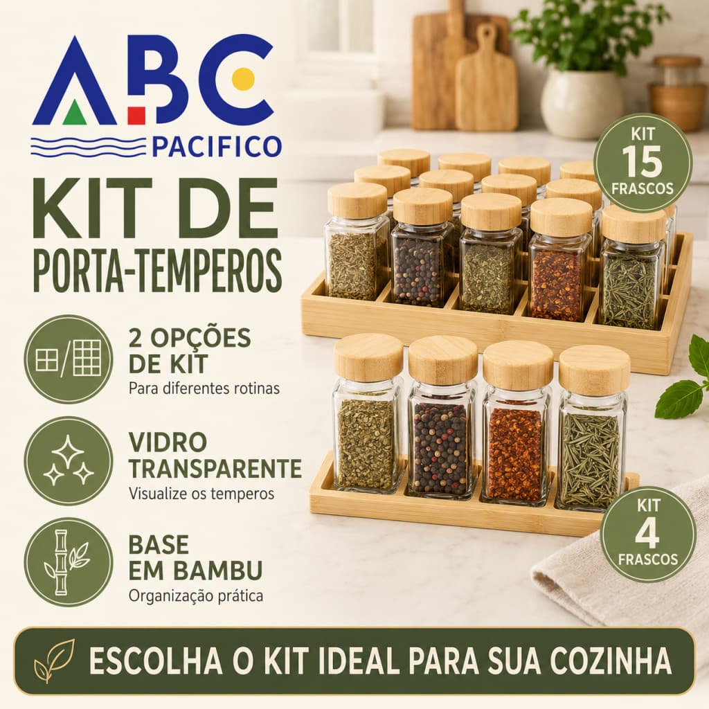 Kit Porta‑Temperos Vidro Quadrado com Suporte de Bambu 12/15 Peças Organizador de Cozinha Especiarias Temperos