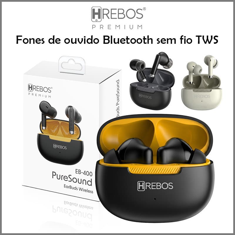 HREBOS Fone de Ouvido Bluetooth EB-400 PureSound – Liberdade Sem Fio com Estilo e Praticidade