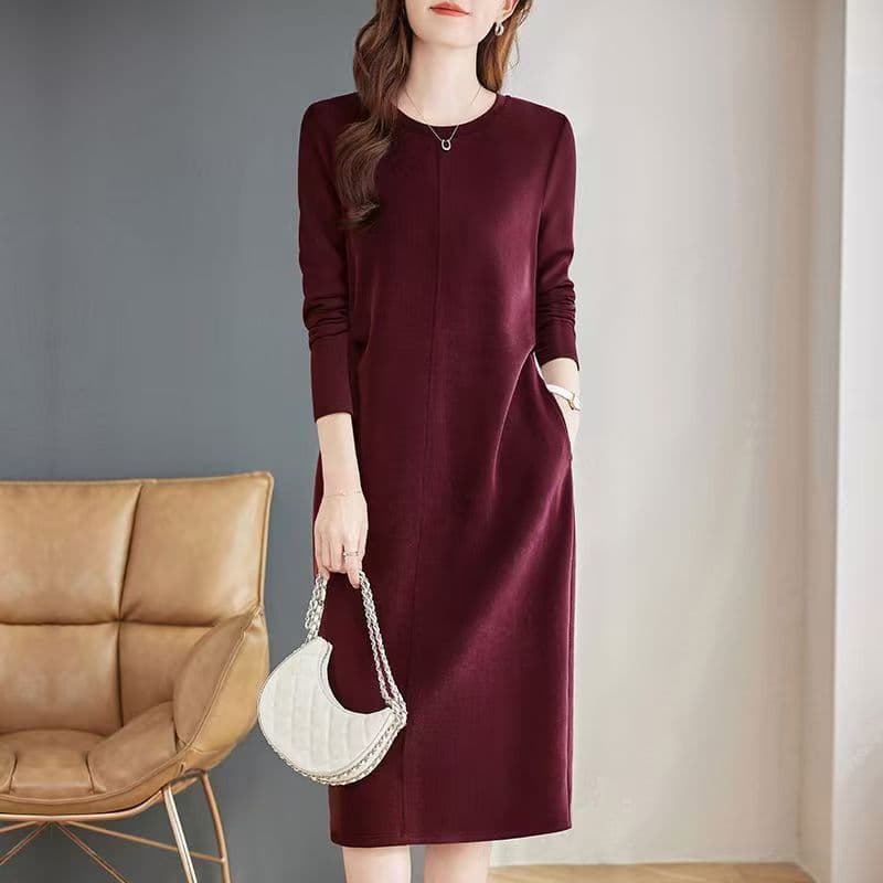 Roupas femininas de tamanho grande soltas simples cor sólida gola redonda manga comprida vestido combinado feminino prim