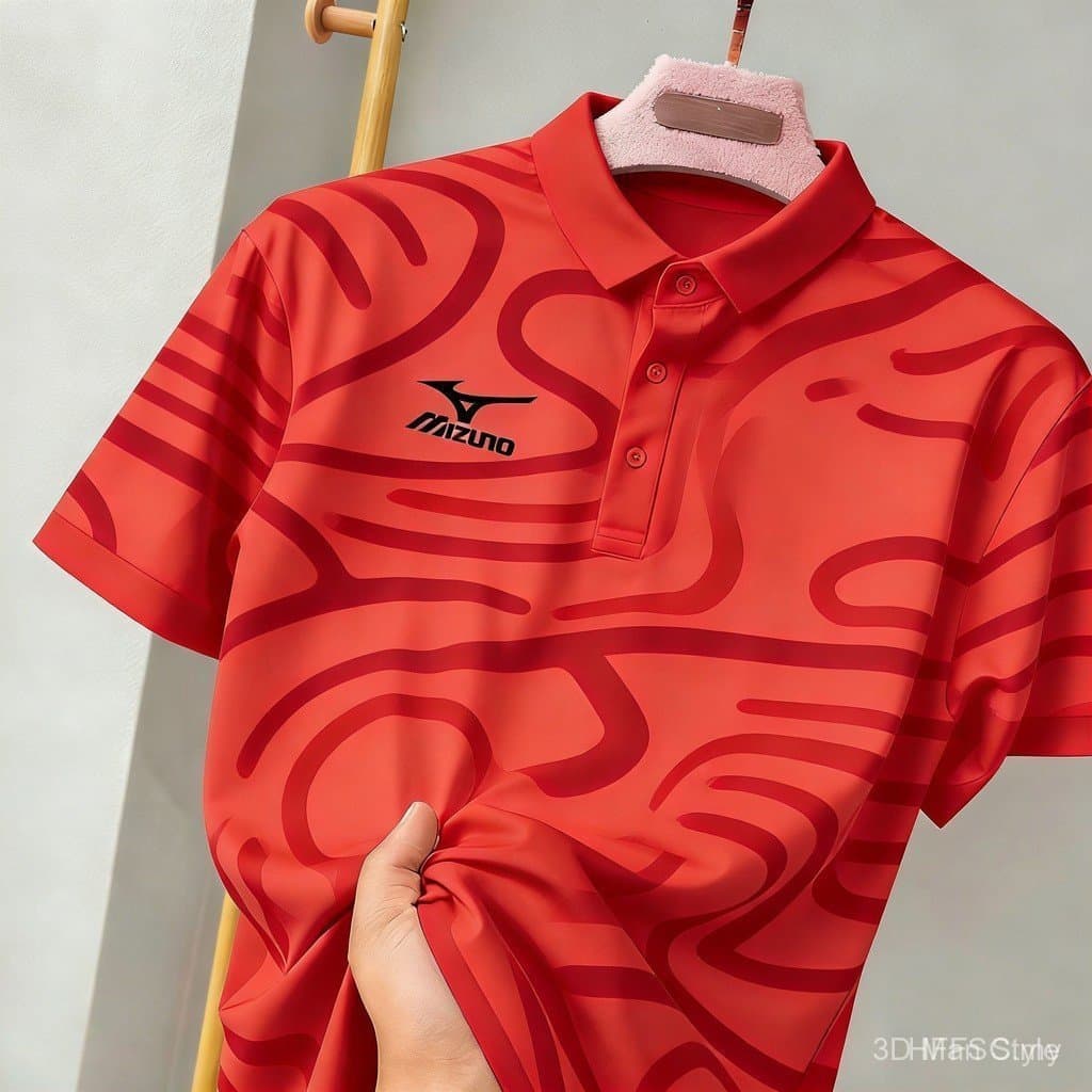 Camisa Polo Solta e Casual com Esquema de Cores Sofisticado para Homens, Camisa Polo Mizuno com Estampa de Linhas Irregu