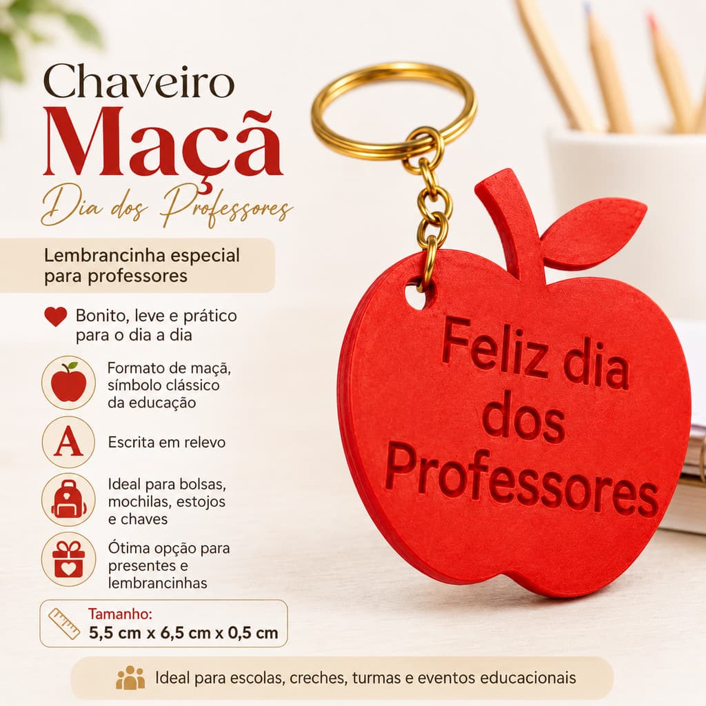 Chaveiro Maçã Feliz Dia dos Professores – Lembrancinha Escolar Presente