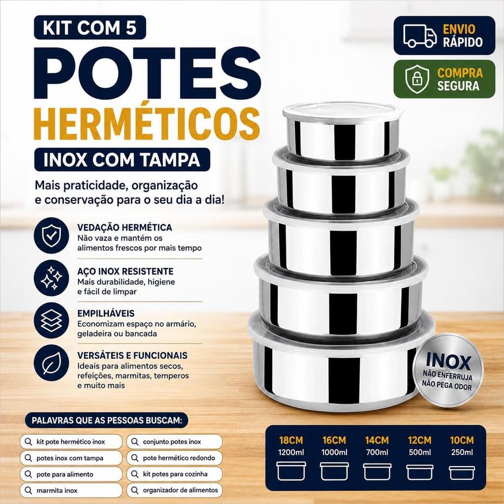 Kit 5 Potes De Aço Inox IDEAL Redonda Prateada Com Tampa De 1200ML até 250ML - 10cm/12cm/14cm/16cm/18cm