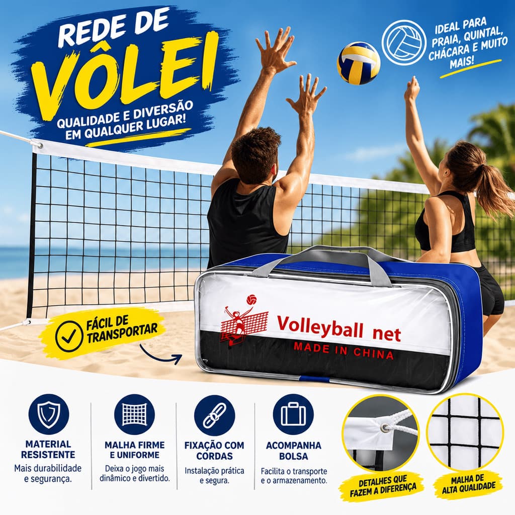 Rede Vôlei 3m e 5m Biribol Portátil com Faixa Superior Recreação Quintal Praia Esporte Lazer