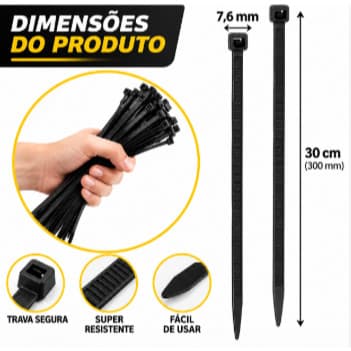100 Cinta Plástica Abraçadeira Enforca Gato Preta 7,6mm x 30cm