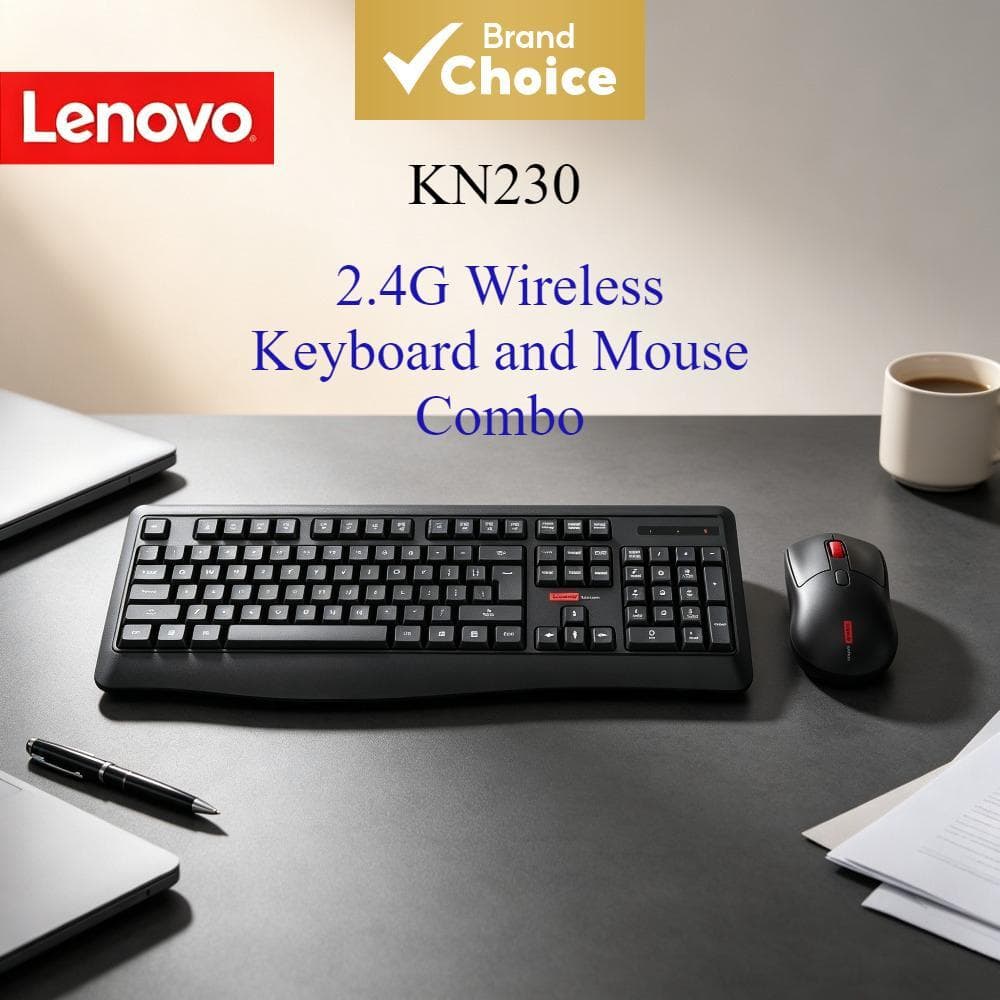 Conjunto de Teclado e Mouse Sem Fio Lenovo KN230, Teclado Chocolate de Tamanho Completo Ergonômico com Mouse Óptico