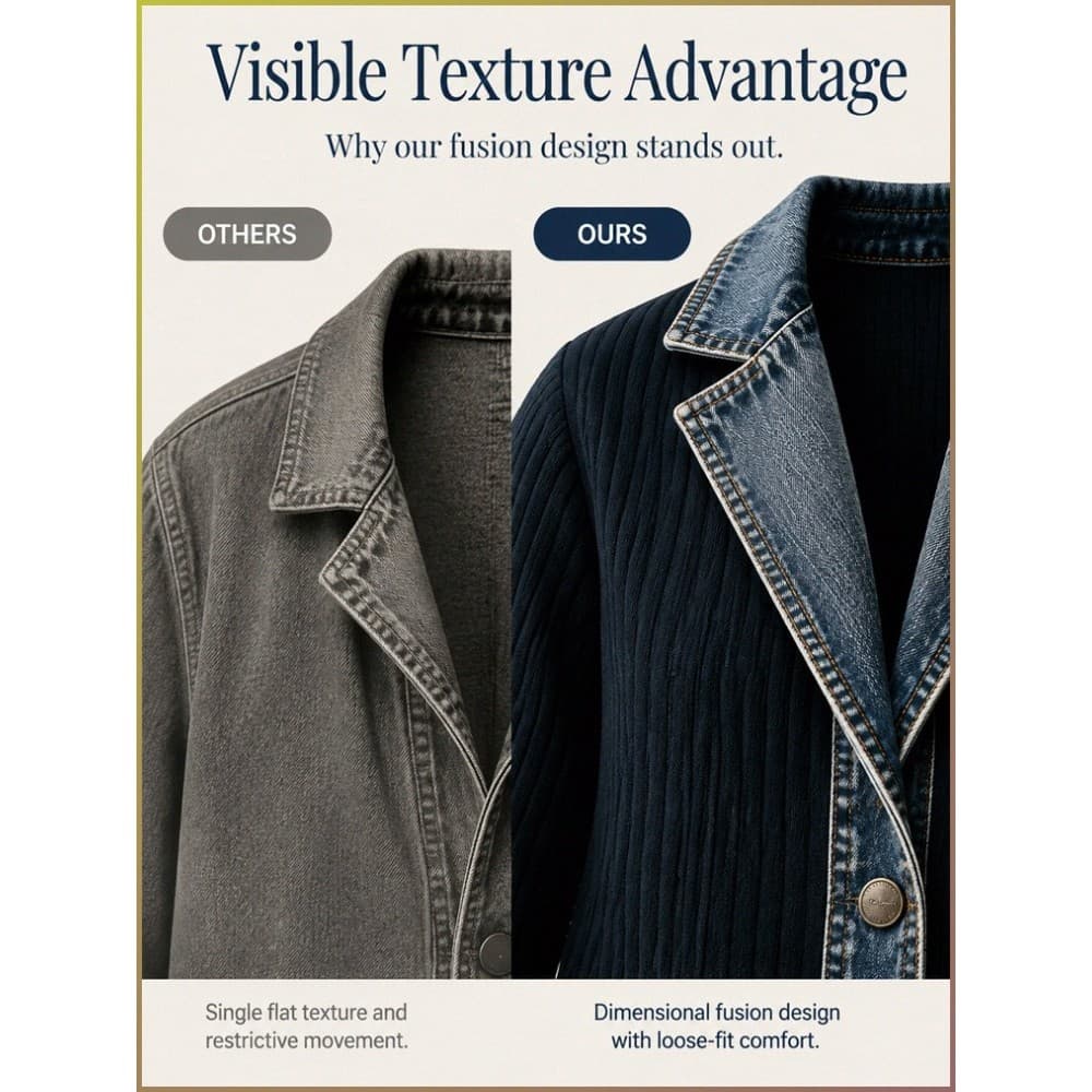 【Visual Elegante】 Jaqueta Feminina de Tricô com Detalhe Jeans Efeito Duas Peças Look Feminino/Tricô Feminino/Outono Inve
