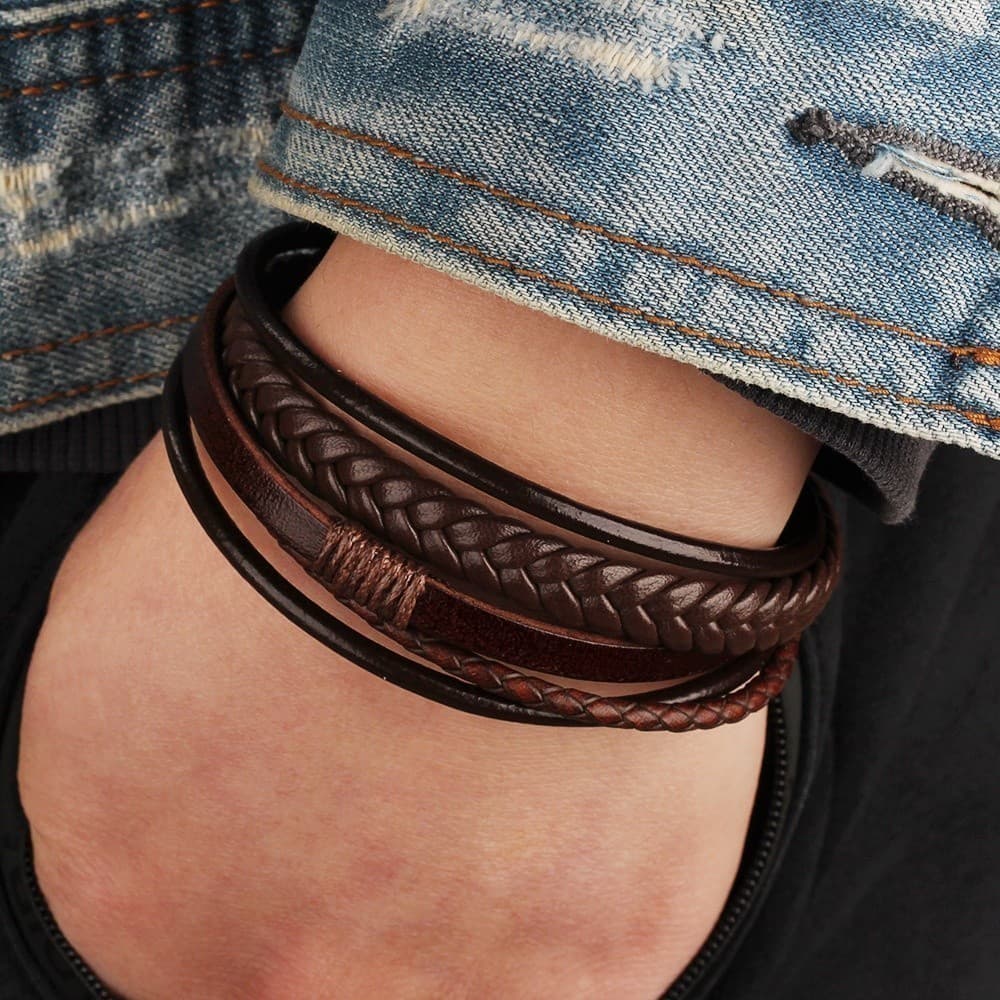Conjunto de pulseira masculina moda cordão de couro tecido à mão pulseira masculina estilo étnico jóias
