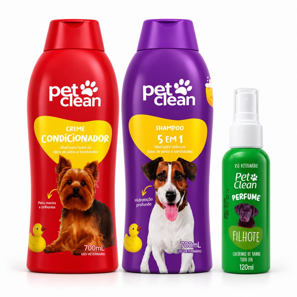 Kit Shampoo 5 em 1, Creme Condicionador e Perfume para Cachorro e Gato - Pet Clean