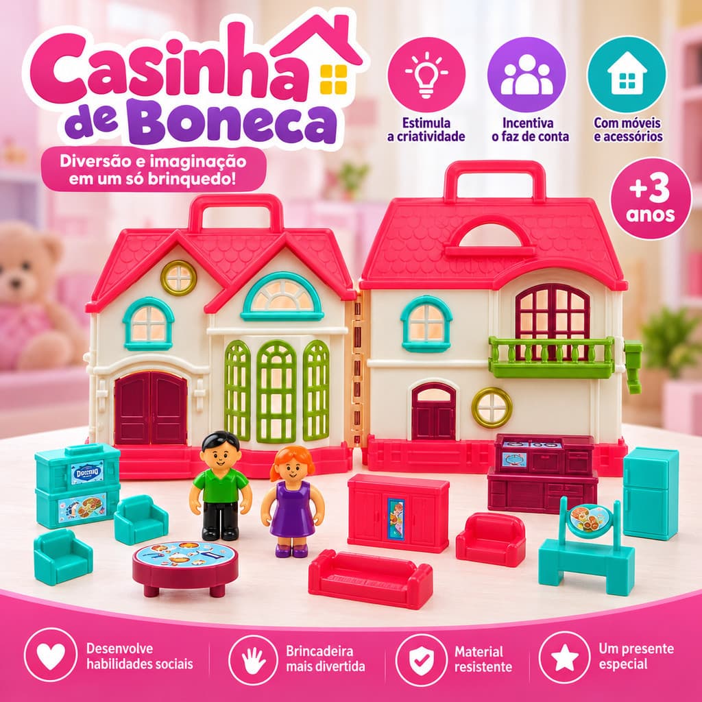 Casa de Boneca Infantil Brinquedo Casinha com Família Móveis e Acessórios